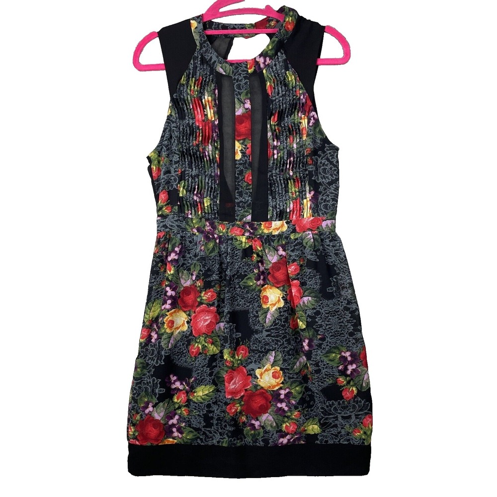 ASTR Dress Small Black Floral Pintucks Semi Sheer Bust‎ Sleeveless Open Back